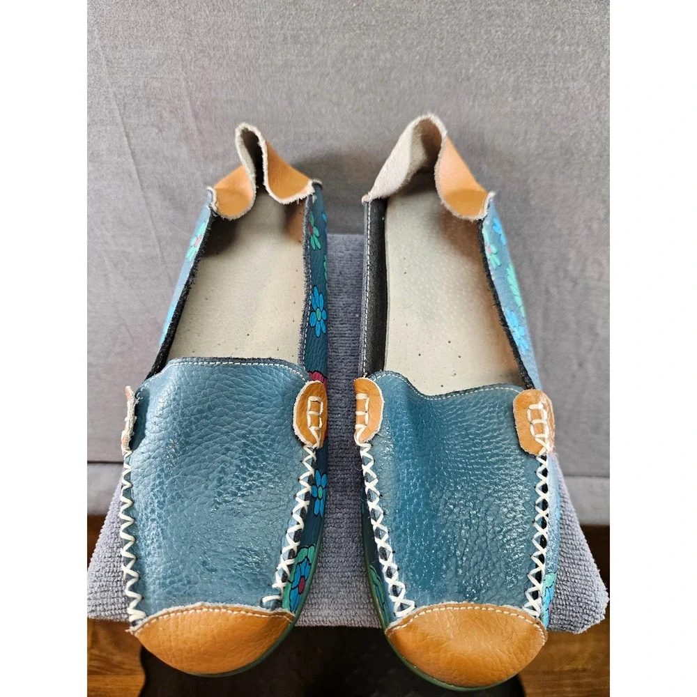 Hand Painted Floral Leather Loafers Teal Boho Flats Size 40 (sku 132)